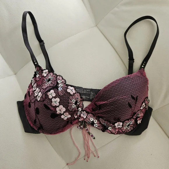 Belly Dance Victoria's Secret Pink And Grey Floral Embroidered Push-Up Bra - Picture 1 of 6
